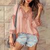 Women Shirt V-Neck Long Sleeve Side Split Hem Pullover Tops Solid