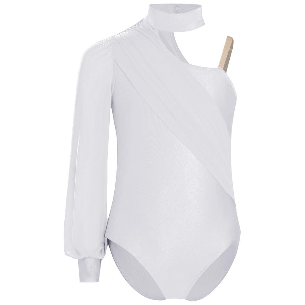 Girls Dance Leotard One Shoulder Design Mock Neck Long Sleeve Ruched Mesh Overlay Performance Bodysuit