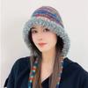Autumn Winter Rainbow Stripe Cap Women Ear Protection Woolen Hat Lace Up Contrasting Color Pullover Knitted Hat