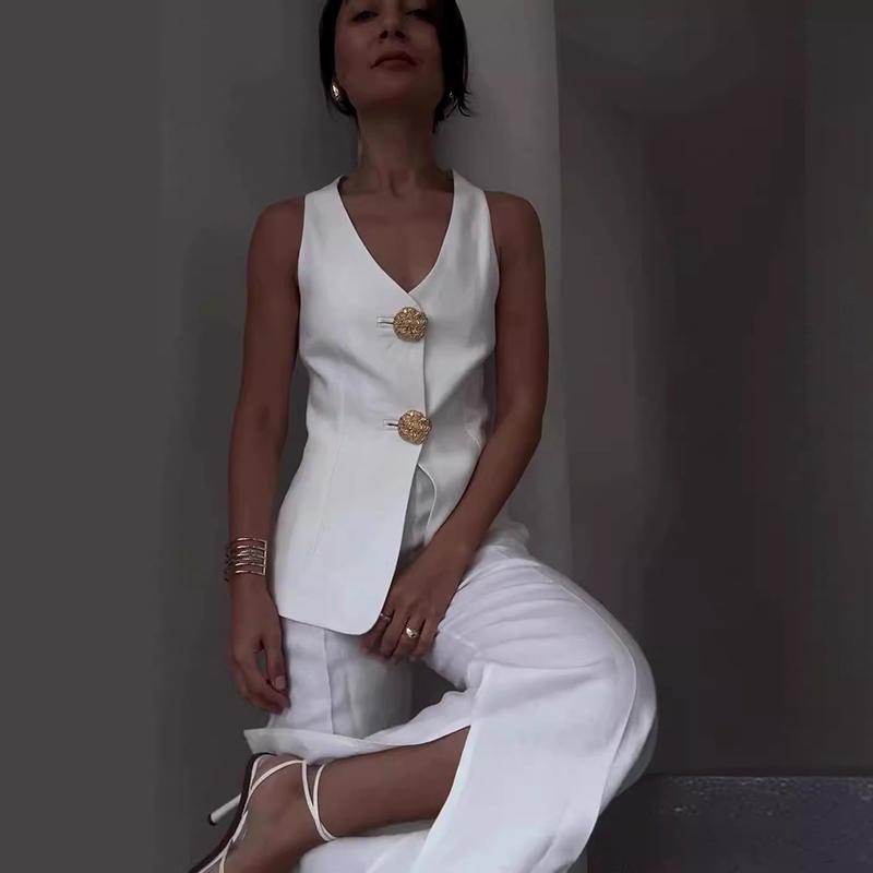 Casual V-Neck Vest Two-piece Suit Women Solid Button Sleeveless Tank Top High Waist Wide Leg Pants Slim Fit Office Lady Outfits