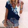 Women's Top Summer New Fashion Rose Flower Beautiful Flower Printed Casual Zipper V-neck Short Sleeve Top