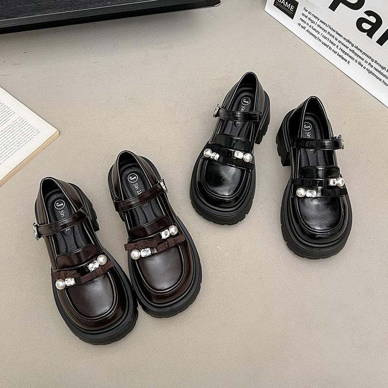 Platform British Style Small Leather Shoes Women's Versatile Single Shoes Bow One-word Buckle Japanese Jk Shoes Heightening Thick Heel Loafers