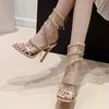 Fashion Crystal Rhinestone Tassel Sandals Woman String Bead Ankle Strap High Heels Sexy NightClub Party Ladies Shoes
