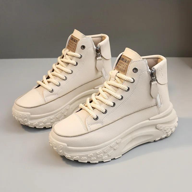 2025 Autumn Chunky High-top WOMEN'S Sneakers Leather Breathable Platform Vulcanized Shoes Women's Casualot Shoes Fashion
