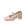 Fashion Red Mary Jane Women Pumps Thick High Heels Shoes Female Lolita Square Toe Shoes Fashion Party Leather Woman Shoes 2024 New