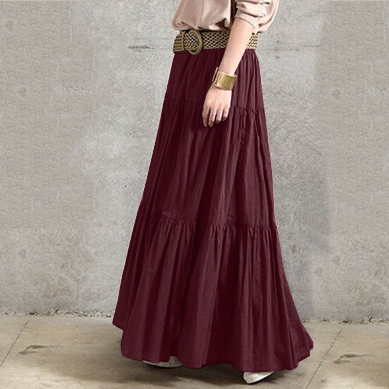 Women Cotton A-line Skirts Summer Loose Casual Elastic Waist Long Skirts