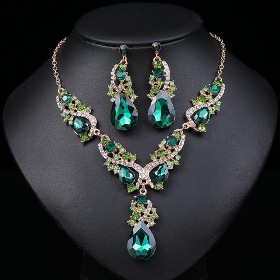 Women Necklace Earrings Set Luxury Symmetric Retro Rhinestone Hollow Out Anti-allergy Hanging