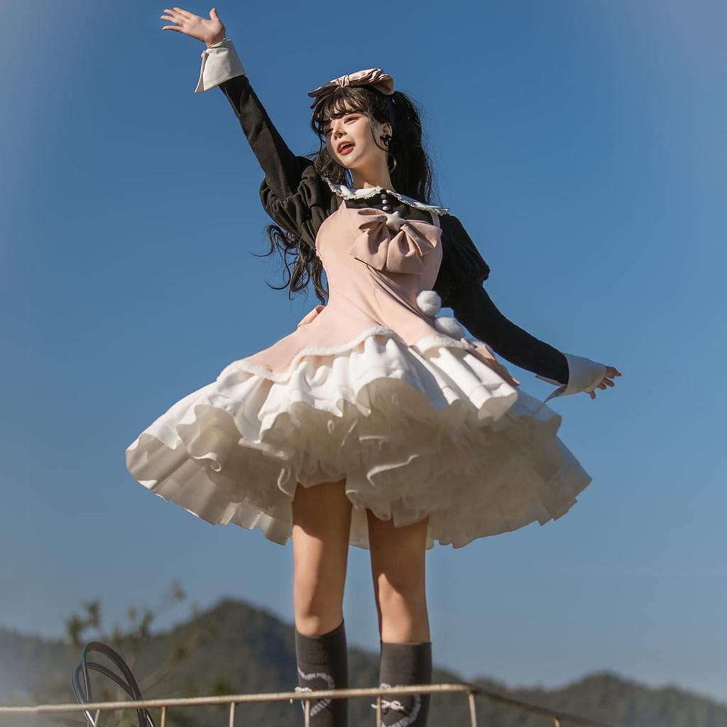 [Milky Time] Набор из 3 предметов: Платье Лолиты, Юбка-сарафан и Бретелька с подплечником с Блузкой (Розовый x Черный)