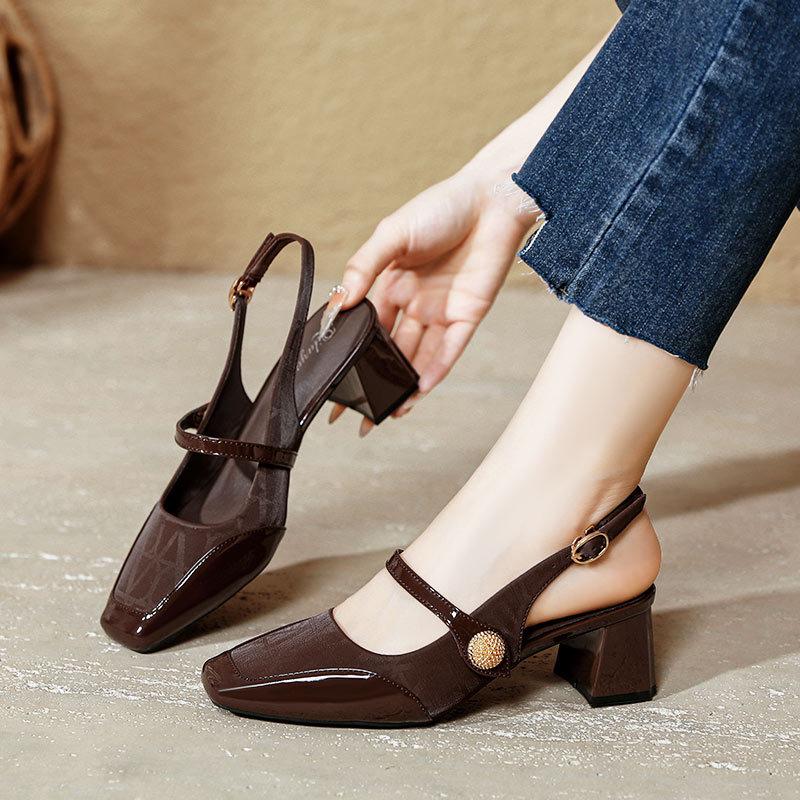 French High Heels Thick Heel 2025 New Large Size Women's Shoes Square Head Empty Single Shoes Women's Middle Heel Fashion Bag Head Sandals