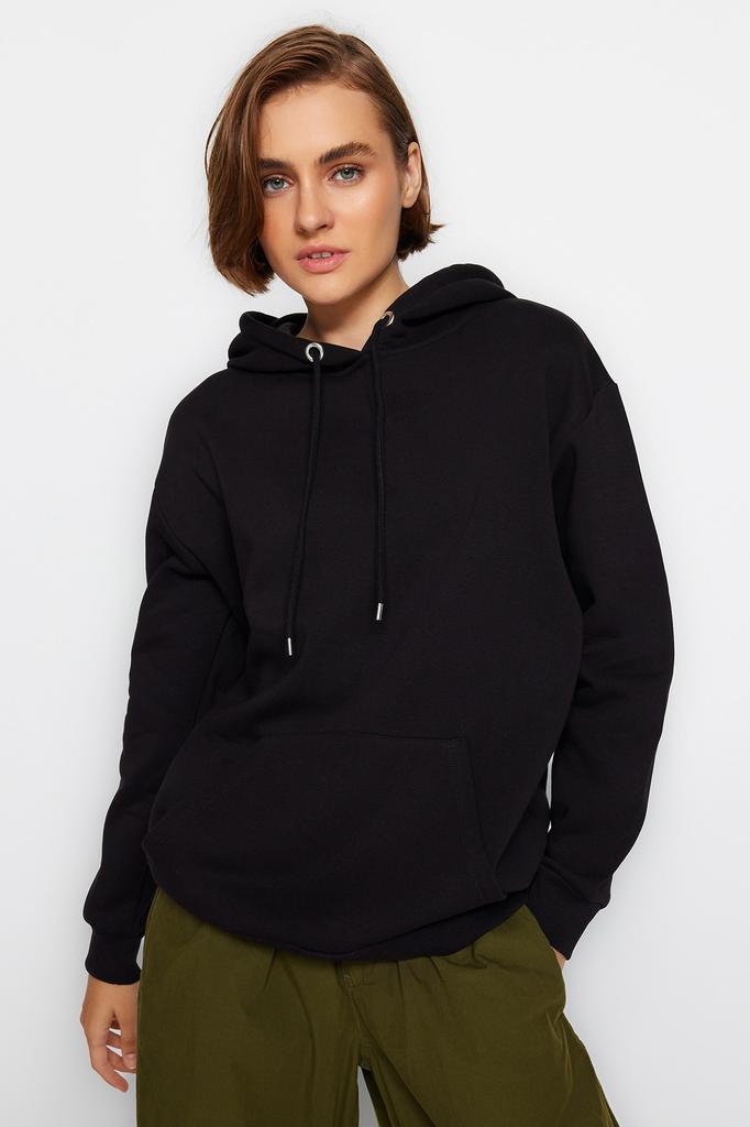 Women's Fashion Sweatshirt Hooded Long Emerald Green Regular Fit Embroidered Hooded Knitted Sweatshirt with Fleece Inside