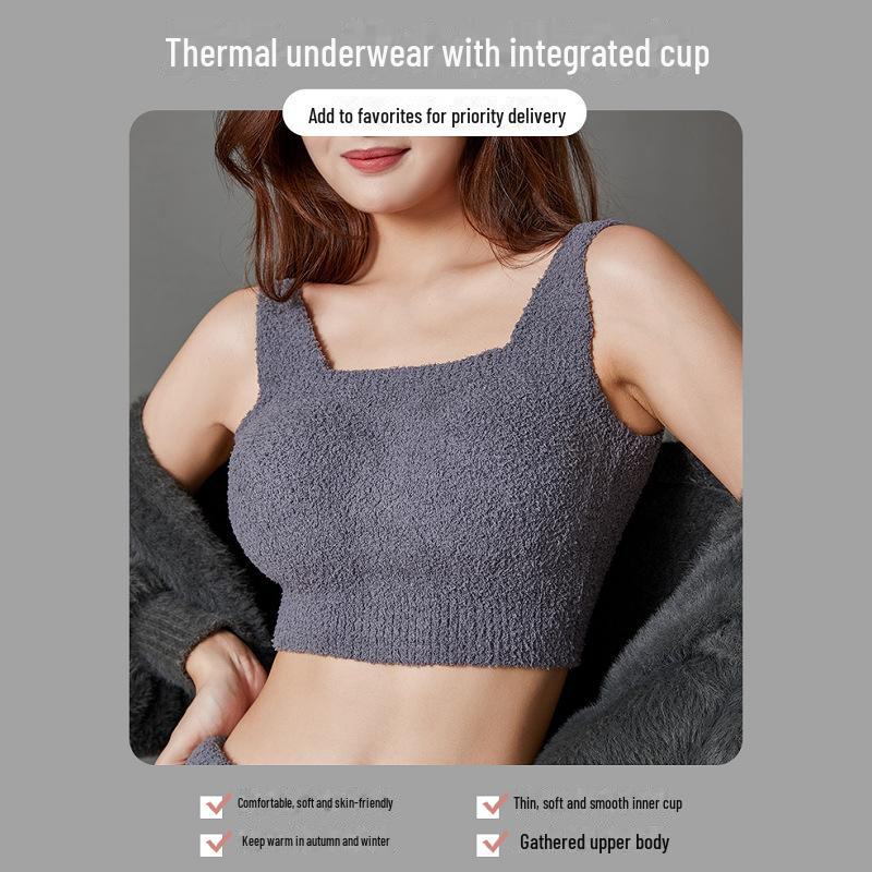 Plush Women's Lambskin Vest with Chest Pads - Warm, Bra-Free, One-Piece Innerwear for Autumn and Winter