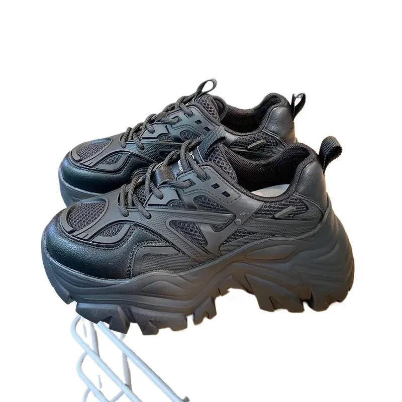 Fashion Women New Fashion Platform Sport Shoes Women 2024 New Summer Black Casual Chunky Sneakers Women Mesh Leather Platform Shoes