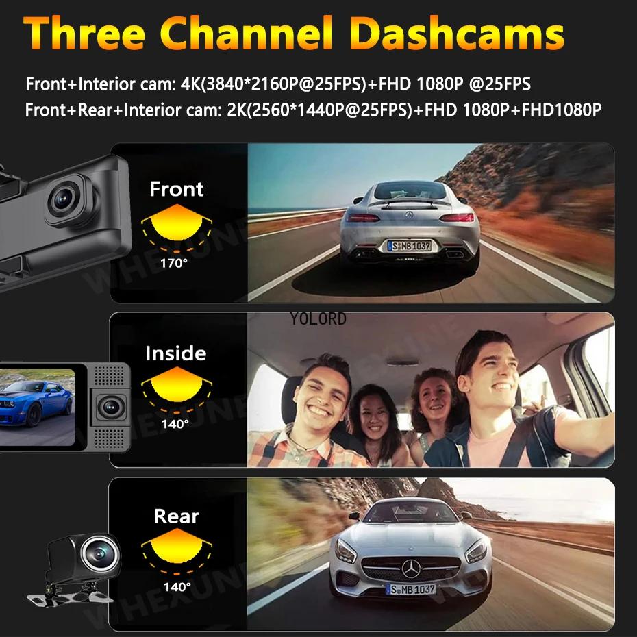 4K 3 Way Dash Cam 3 Channel Rearview Mirror Front Inside Rear 2K+1080P+1080P WiFi Dual Lens Car Dvr Camera Infrared Night Vision