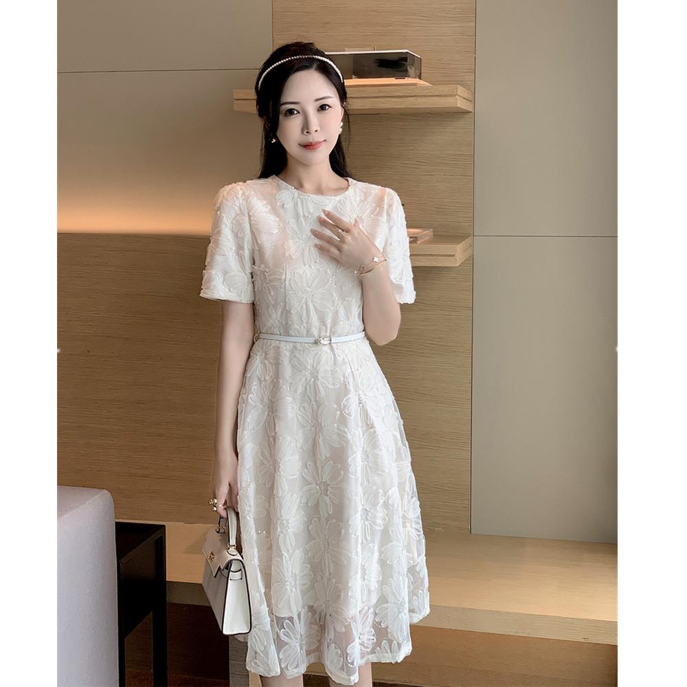 New Fashion Mesh Sequined Embroidery Short Dress Women Clothing Elegant Floral Pearl Belt Slim Casual Summer Dress