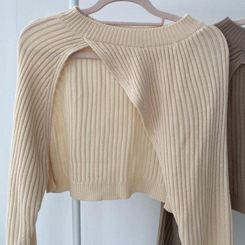 Irregular Knitted Sweaters Korean Chic Vintage All Match Sweater Women Round Neck Long Sleeve Split Pullover Crop Top
