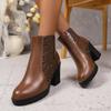 British Style Round Toe High Heel Short Boots for Women Back Zip PU Leather Autumn Winter Ankle Boots Botines Para Mujeres