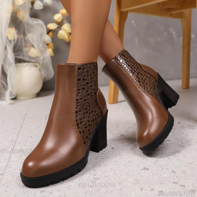 British Style Round Toe High Heel Short Boots for Women Back Zip PU Leather Autumn Winter Ankle Boots Botines Para Mujeres