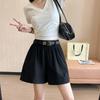 Women Summer Solid Color High-Waisted Wide-Leg Casual Shorts Pants