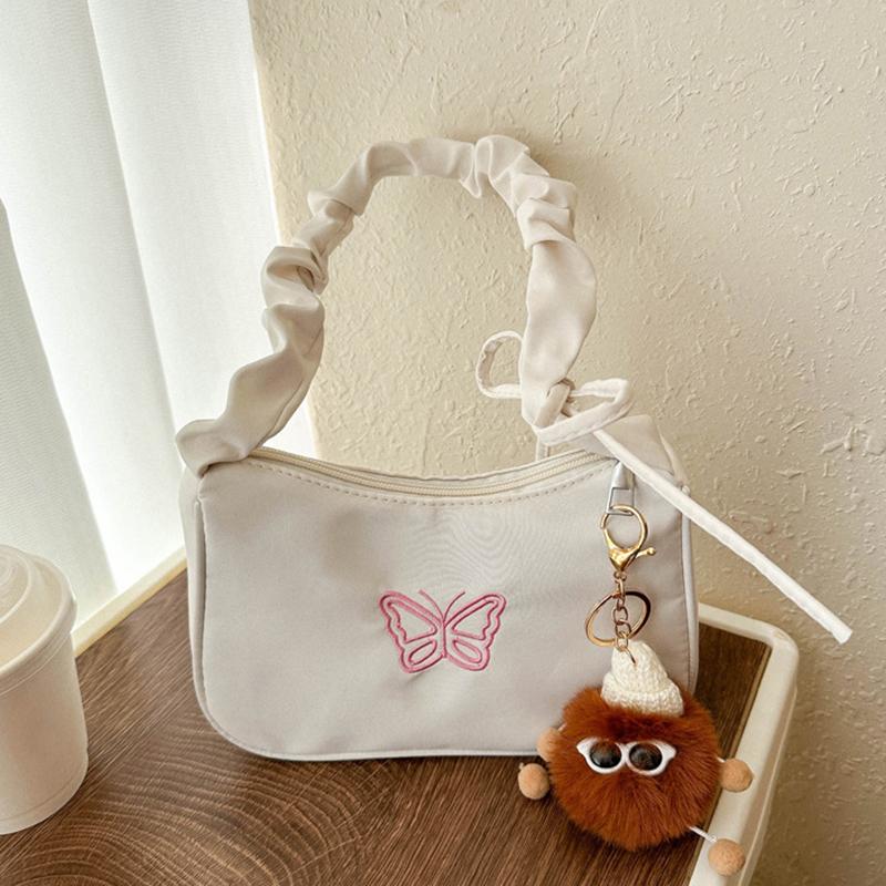 Cute Embroidered Bowknot Butterfly Shoulder Bag Women Pleated Handbag Half-moon Underarm Bag Fashion Oxford Nylon Bow Tote Bag