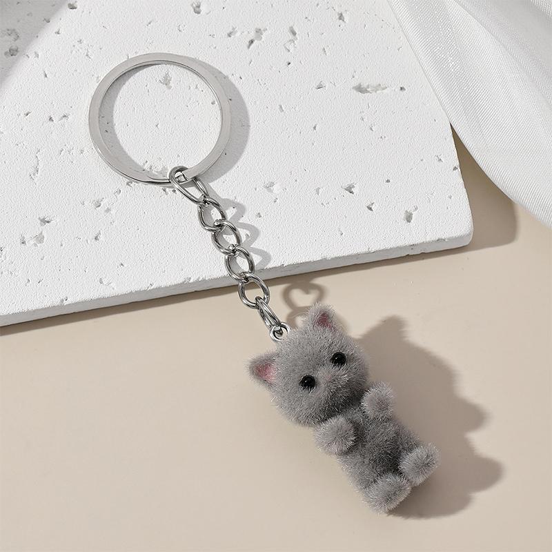 Cute 3D Flocking Kitten Small Bear Keychain Resin Cat Couple Mobile Phone Pendant Car Keyring Earphone Backpack Charms Bag Decor