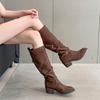 Sheepskin Version~ Retro Thick Heel Cross Belt Buckle High Knight Boots Women's Versatile Pointed Suede Western Cowboy Boots