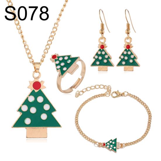 Christmas Tree Santa Elk Bell Earrings Bracelet Ring Necklace Women Jewelry Set