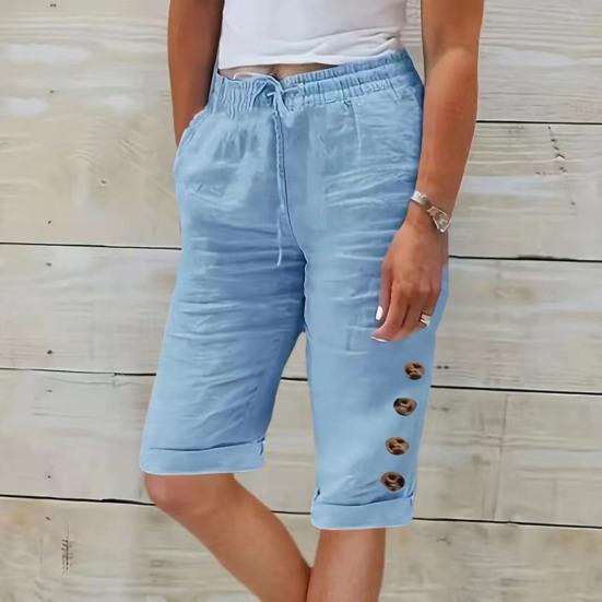 Women Summer Shorts Elastic Waistband Adjustable Drawstring Casual Pants with Pockets Solid Color Buttons Decor Knee-length Pants