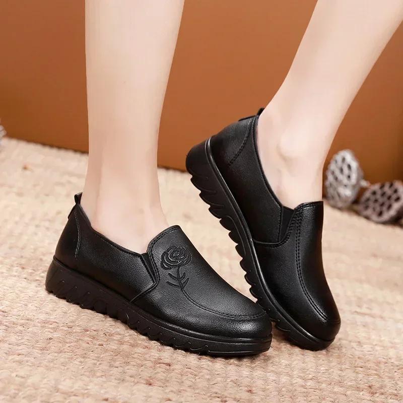 Модные женские мокасины Черные кожаные туфли Нескользящие женские вулканизированные туфли Мягкие подошвы Рабочая обувь Удобные кроссовки Zapatillas De Mujer