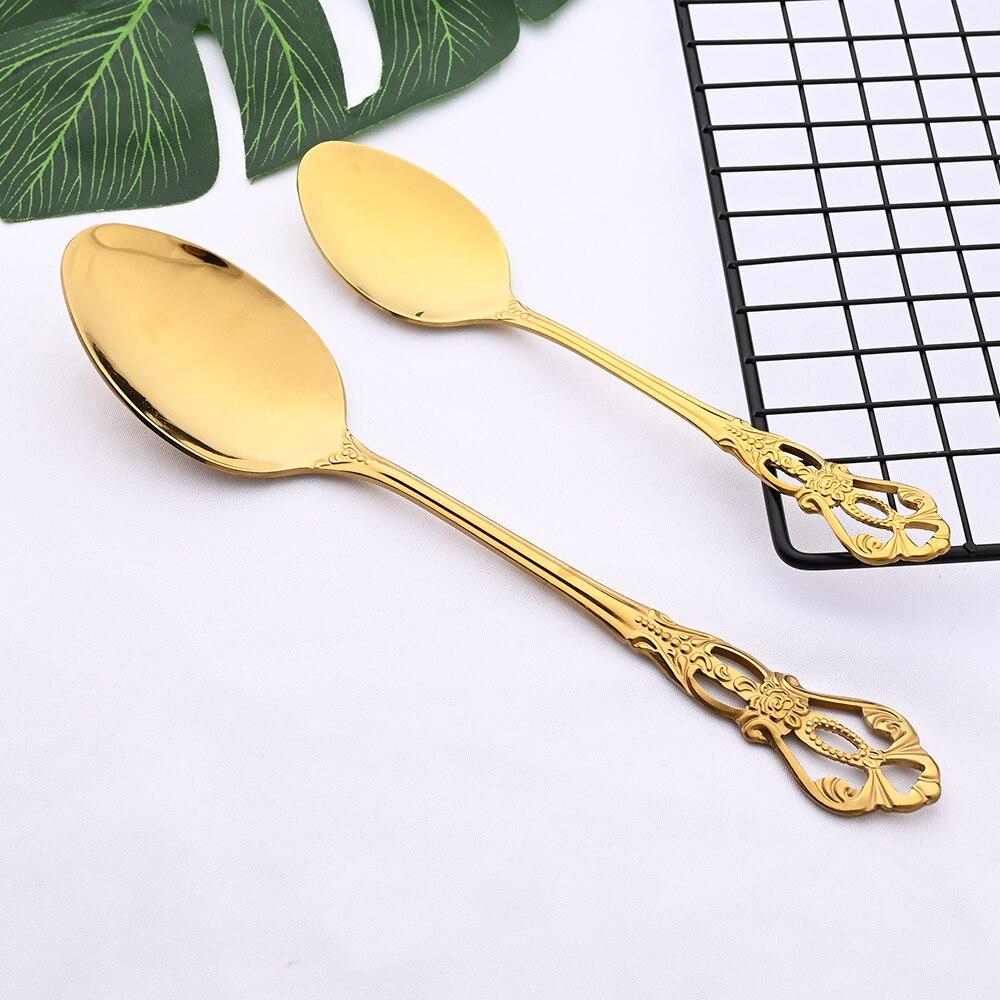 Vintage Western Gold Stainless Steel Plated Cutlery Luxury Dinnerware Set Dinner Knife Fork Ice Spoon Flatware Tableware