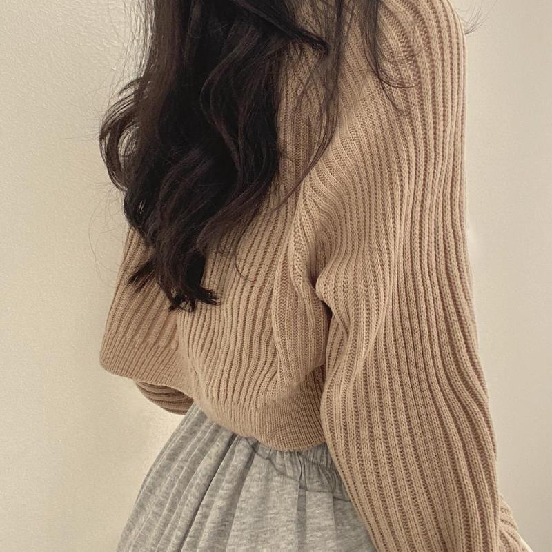 Irregular Knitted Sweaters Korean Chic Vintage All Match Sweater Women Round Neck Long Sleeve Split Pullover Crop Top