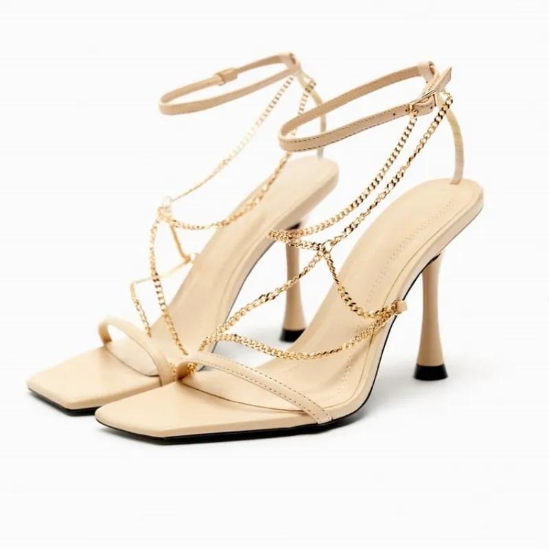 TRAF Womans Black Leather High Heel Sandals Sexy Pointed Toe Slingback Metal Buckle Pumps Sandals Summer Party High Heel Sandals