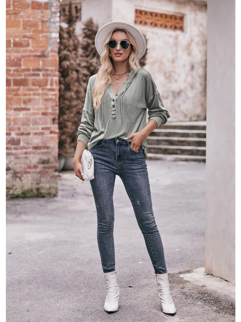 2024 New Autumn Winter Hooded Sweatshirts Women Fashion Buttons V-neck Long Sleeve Pullovers Ladies Casual Loose Hoodies