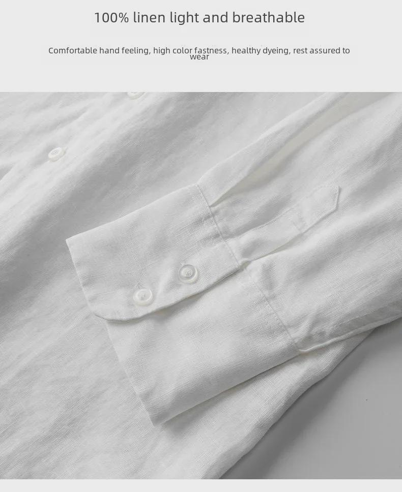 Мужская повседневная белая льняная рубашка - дышащая, свободного кроя, рукав три четверти