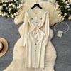 Spring Autumn Women V-neck Gold Button Slim Knitted Sweater Dresses with Pocket