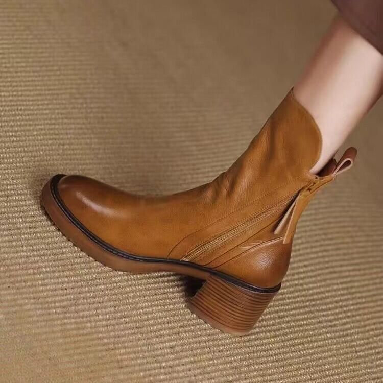 Original'Chelsea Boots Autumn Coarse Heel Brown Short Boots Female Handsome Martin Boots Leather Boots