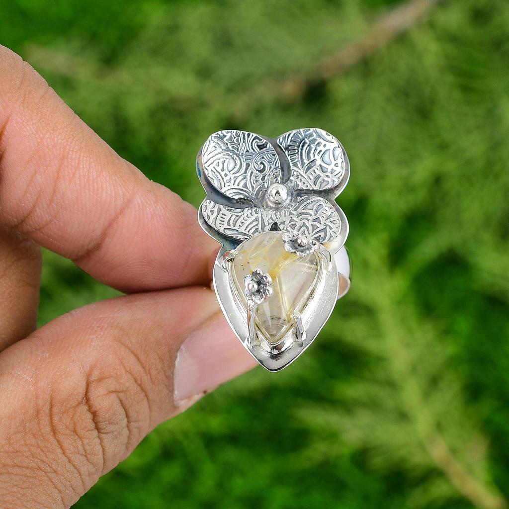 Кольцо-заявление с цветком из драгоценного камня Золотой рутил в безеле, ювелирное изделие из стерлингового серебра 925 пробы