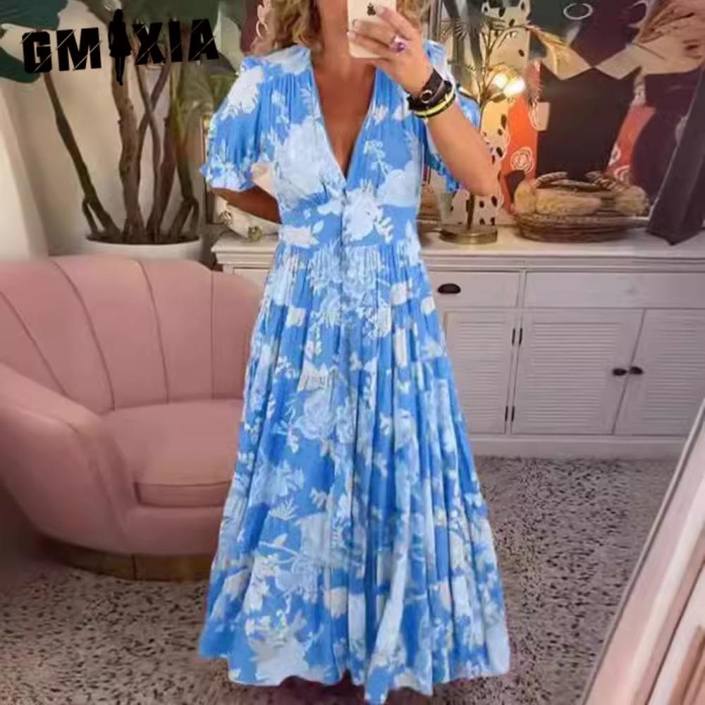 GMXIA Women's Fashion Summer Spring Floral Print Short Sleeve V-Neck Loose Casual Dresses