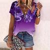 Women's Top Summer New Fashion Rose Flower Beautiful Flower Printed Casual Zipper V-neck Short Sleeve Top