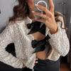 Women Sequin Jacket Big Bow Decor Loose Round Neck Long Sleeves Solid