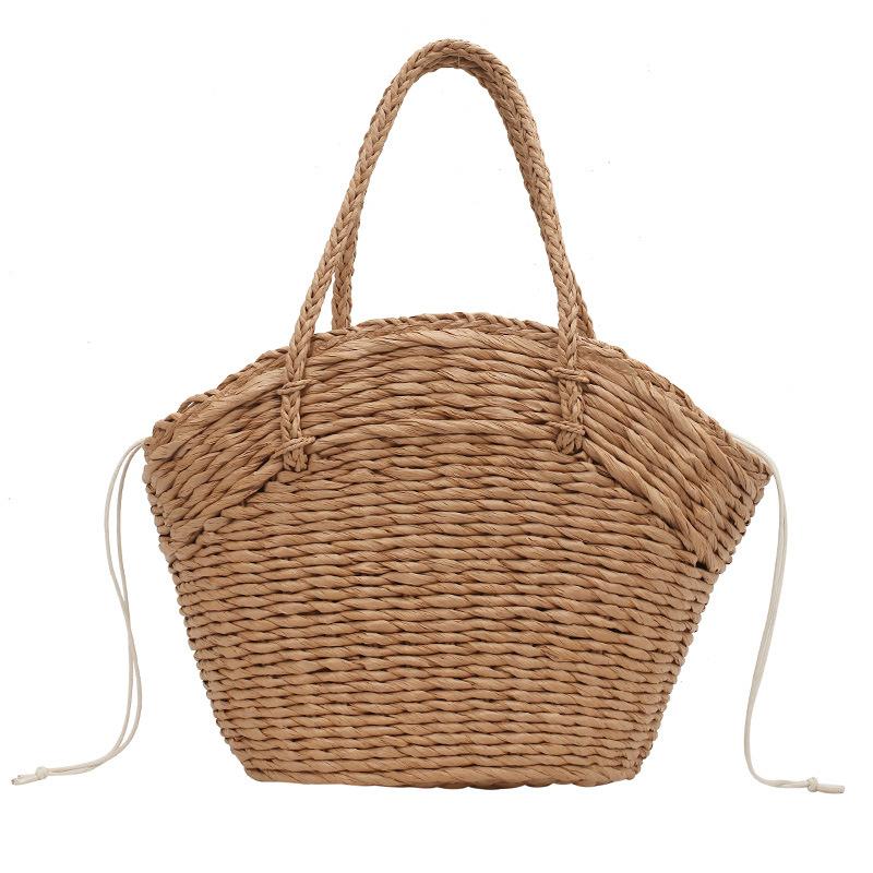 Summer Straw Bag Women Weave Handmade Handbag Drawstring Handle Bag Large Capacity Wave Point Tote Bag Shopping Bags ARI
