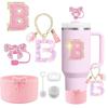 7PCS Pink Accessories for Stanley Cup 30/40 Oz Tumbler with Handle Bow Straw Topper Cover Cap Boot Initials Charm Letter Sticker
