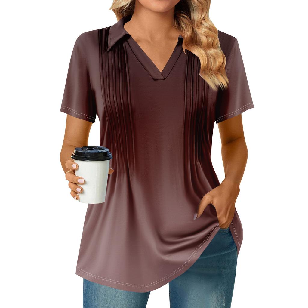 Womens Short Sleeve T Shirts Pleated V Neck Printing Tee Collared Summer Tops Fashion Business Casual Work