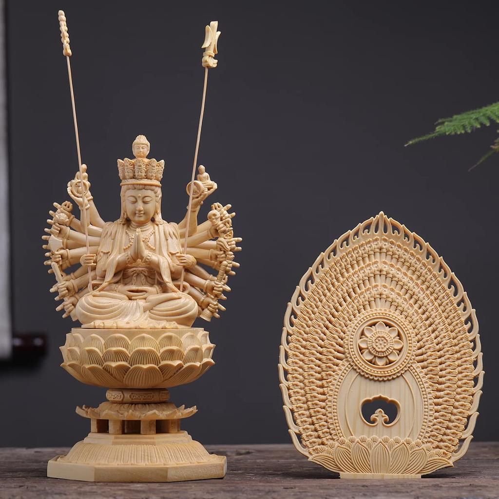 TheChanger Hanro Art Sculpture Buddha Statue Senju Kannon Buddhist Altar Buddha Statue Wooden Cypress Wood Carving Ornament Exclusive Senju Halo