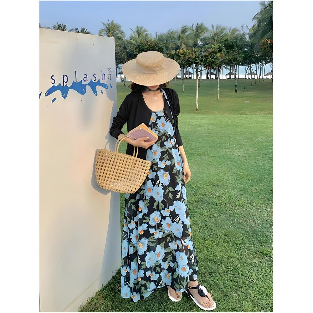 Women's Leisure Summer Unique Beautiful Sunscreen Cardigan Dress Vacation Wind Floral Suspender Dress Set