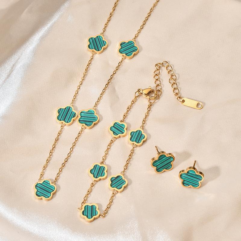 INS-Inspired Stainless Steel Four-Leaf Clover Jewelry Set: Bracelet, Stud Earrings, and Necklace for Women