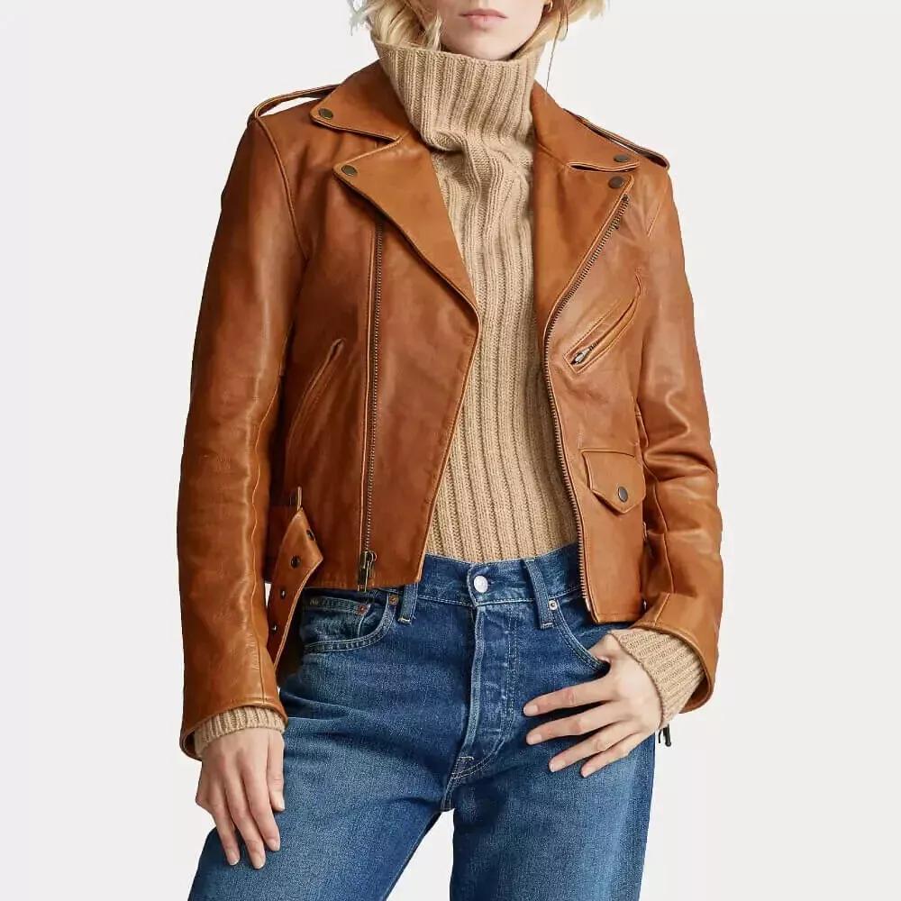 AL KHALID HOT Women's Brown Motorcycle Soft Genuine Lambskin Leather Biker Jacket Slim Fit