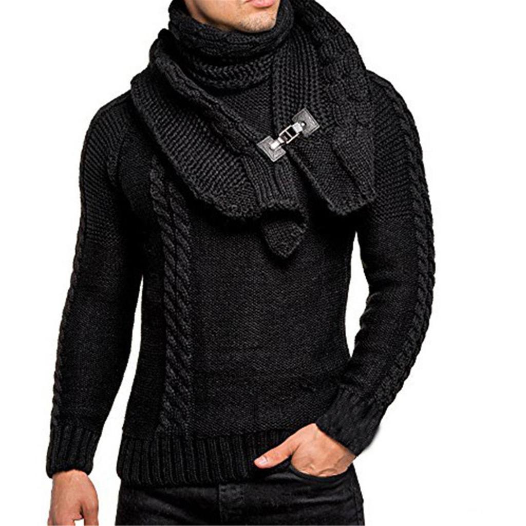 Men's Winter Casual Neck Wrap Head Long Sleeve Sweater In Solid Color