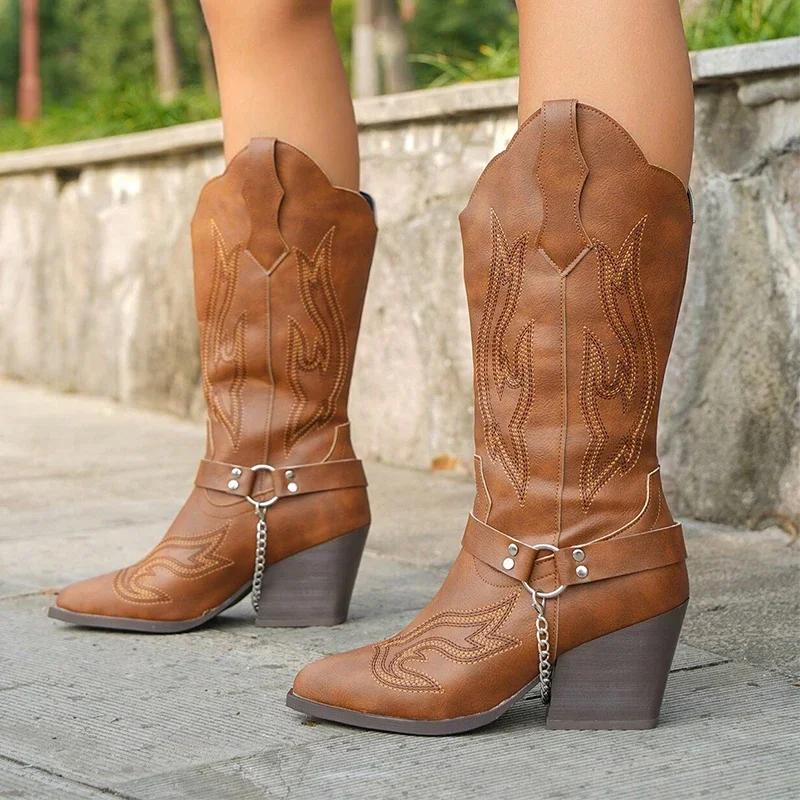 Fashion 2025 Spring Retro Cowboy Boots Women Mid Calf Western Boots Woman Pu Leather Knight Booties Big Size Point Toe Waterproof Boots