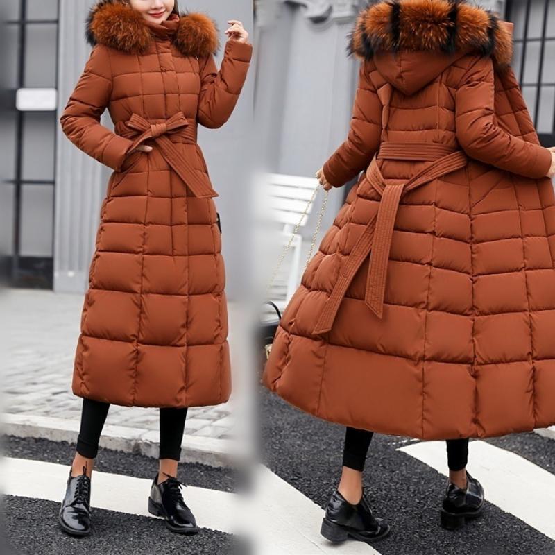 New Winter Jacket Ladies Warm Fashion Bow Belt Collar Long Dress Ladies Thick Coat
