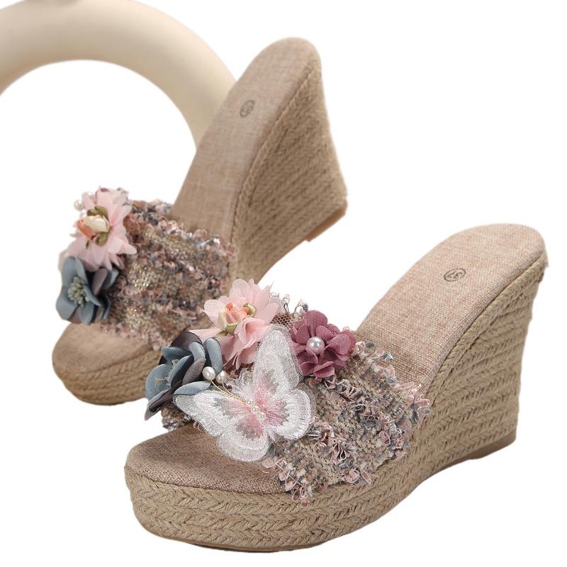 Shoes Female 2024 Plus Size Peep Toe Women's Slippers Retro Dress Slippers Women Platform String Bead Appliques Wedges Sandals